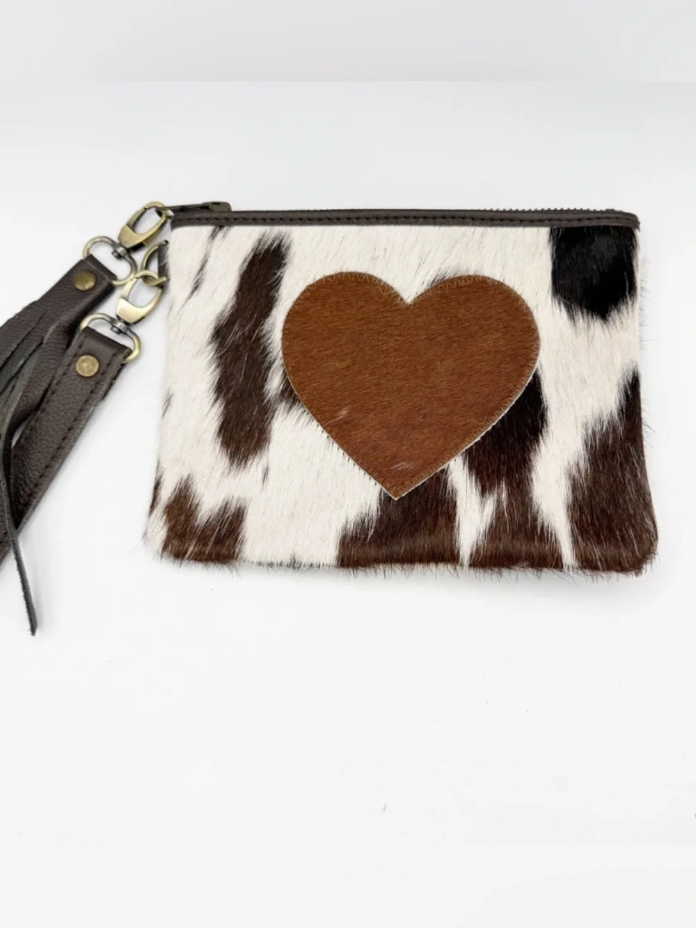 Cowhide Heart Wristlet Clutch in Brown‎ and White NWOT